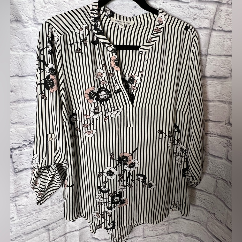 Black Rainn Striped Blouse with Floral Accents